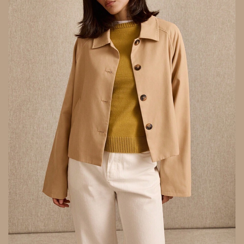 Tan Woven Collared Button Front Cropped Trench Coat Jacket